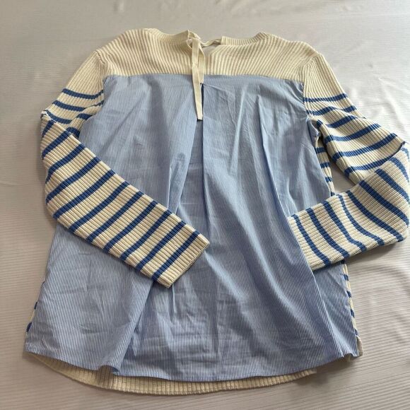 Talbots Womens MP Medium Petite Sweater Top White Blue Stripe Cotton Woven - Picture 7 of 8
